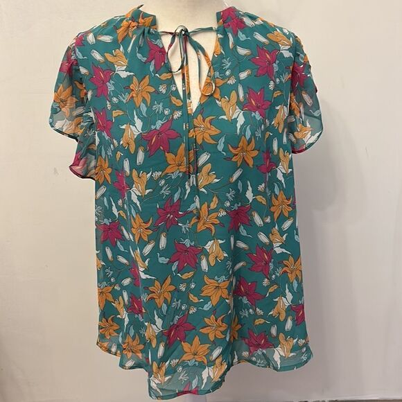 COPY - Beacon Apparel turquoise floral ruffle short sleeve blouse Size M New - Picture 2 of 11